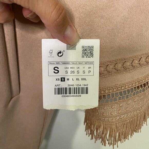 Zara Faux Suede Blush Pink Open Sweater Jacket Western Boho Fringe Size Small - Picture 5 of 16